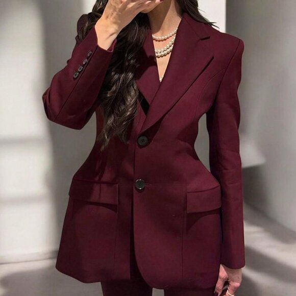 Burgundy Elegant Women's Blazer Jacket - Picture 3 of 8